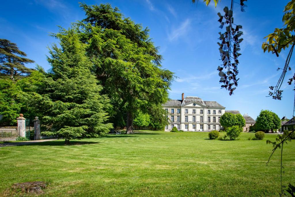 einen Außenblick auf ein großes Haus mit großem Rasen in der Unterkunft Château Laborde Saint Martin in Candé-sur-Beuvron
