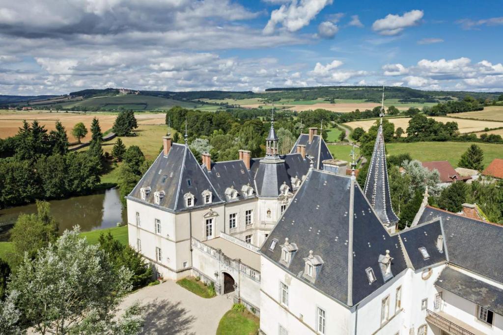 una vista aérea de un gran castillo blanco con torretas en Château Sainte Sabine en Sainte-Sabine