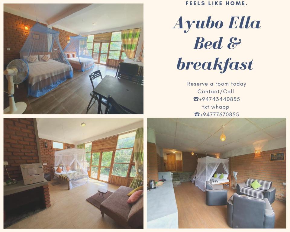 eine Collage mit Bildern eines Schlafzimmers und eines Wohnzimmers in der Unterkunft Ayubo Ella - Bed & Breakfast in Ella