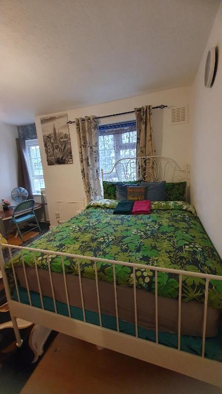 een slaapkamer met een bed met een groen dekbed en een raam bij Comfortable Host, in zone 2-3 in Londen