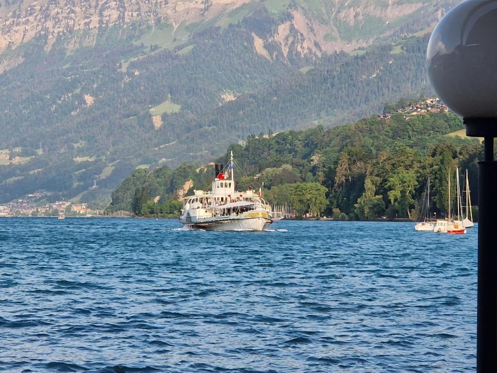 a large boat on a large body of water at Hotel Chalet Bellerive in Spiez