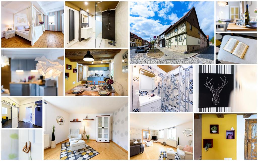 eine Collage mit Fotos eines Hauses in der Unterkunft Ackerbürgerhof Ballstraße 18 in Quedlinburg