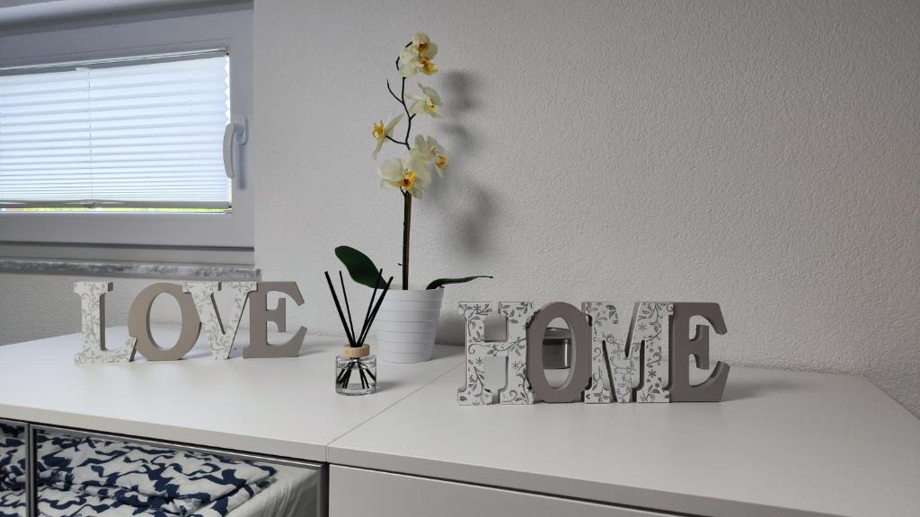 - un comptoir de cuisine avec un vase de fleurs et un signe d'amour dans l'établissement Apartma ALTER EGO, à Koper