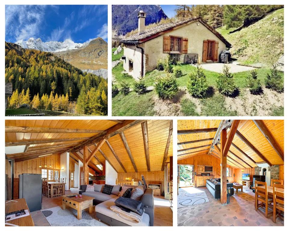 a collage of four pictures of a house at Chalet le Basset - Keys to Paradise in the Alps in La Fouly