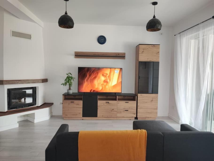 un soggiorno con TV a schermo piatto e divano di Family Residence a Uisenteş