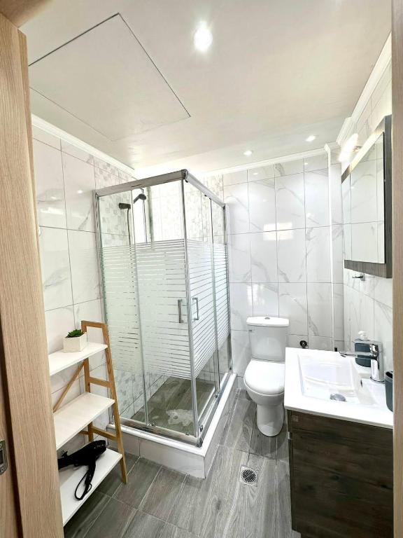 a bathroom with a shower and a toilet and a sink at ENDLESS BLUE Dream Villa in Paleo Tsifliki