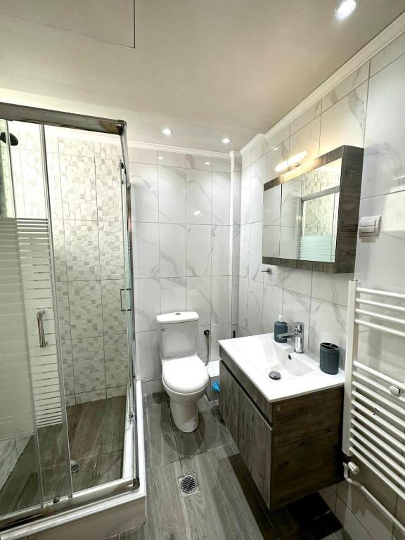 a bathroom with a toilet and a shower and a sink at ENDLESS BLUE Dream Villa in Paleo Tsifliki