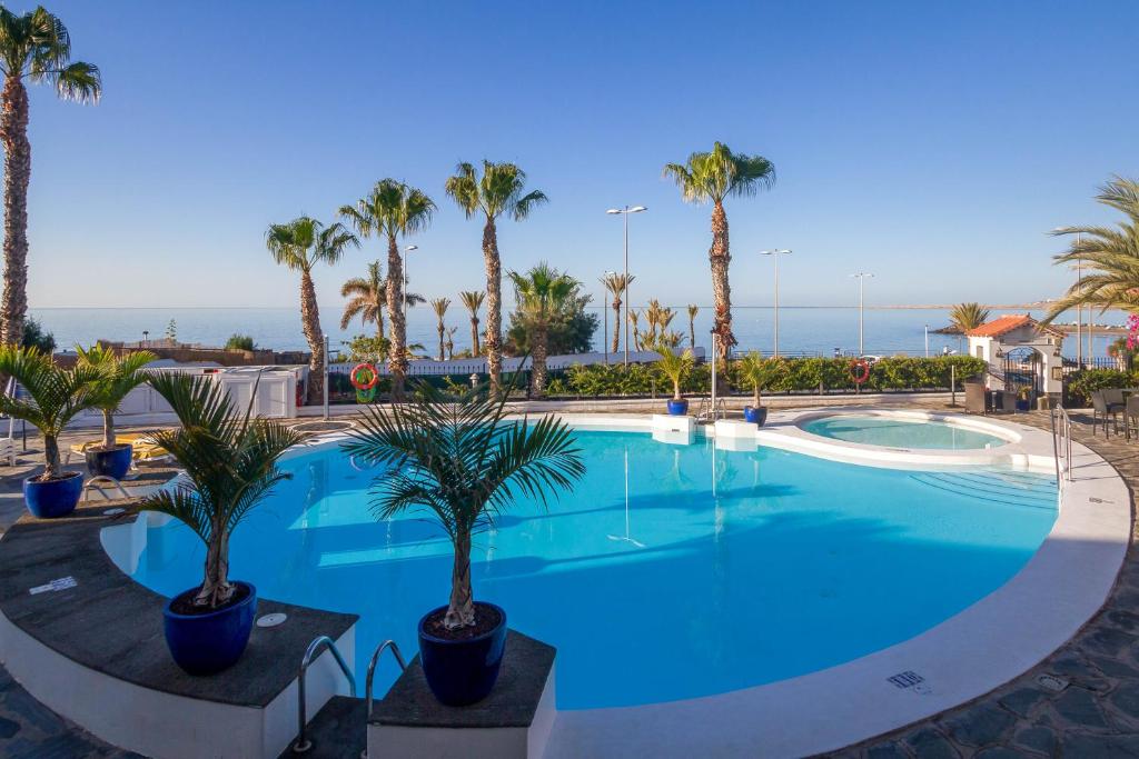 duży basen z palmami i oceanem w obiekcie Sunsuites Carolina w mieście San Agustin