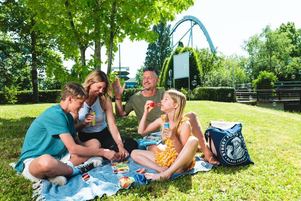 a group of people sitting on a picnic blanket in the grass at Pension am Park in Rust
