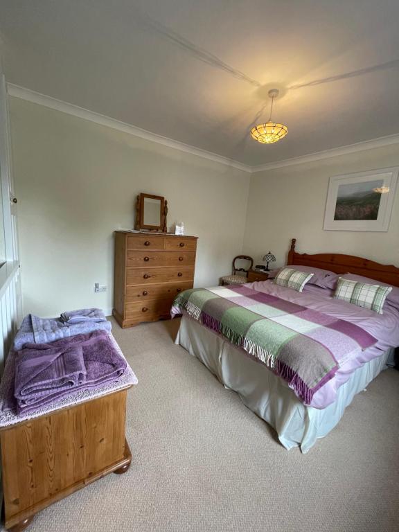 a bedroom with a large bed and a dresser at No 96 Chapel Lane - Self Contained Cottage In The Heart Of Butleigh in Butleigh