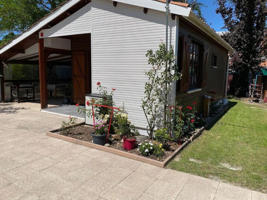 une maison avec quelques plantes devant dans l'établissement Maison de type chalet piscine collective hume, à Gujan-Mestras