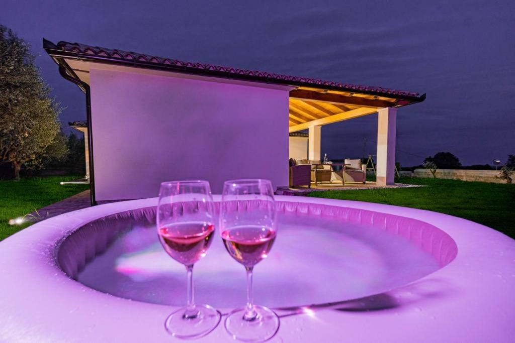 two wine glasses sitting on top of a hot tub at Ferienhaus mit Jacuzzi und Taverne mit Billard in Ližnjan