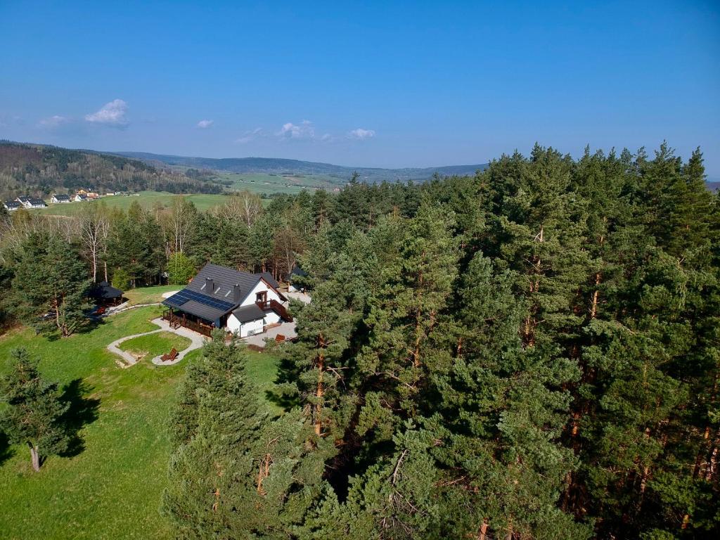 una vista aerea di una casa nel bosco di Bieszczadzki Hoży Ryś Apartamenty a Berezka