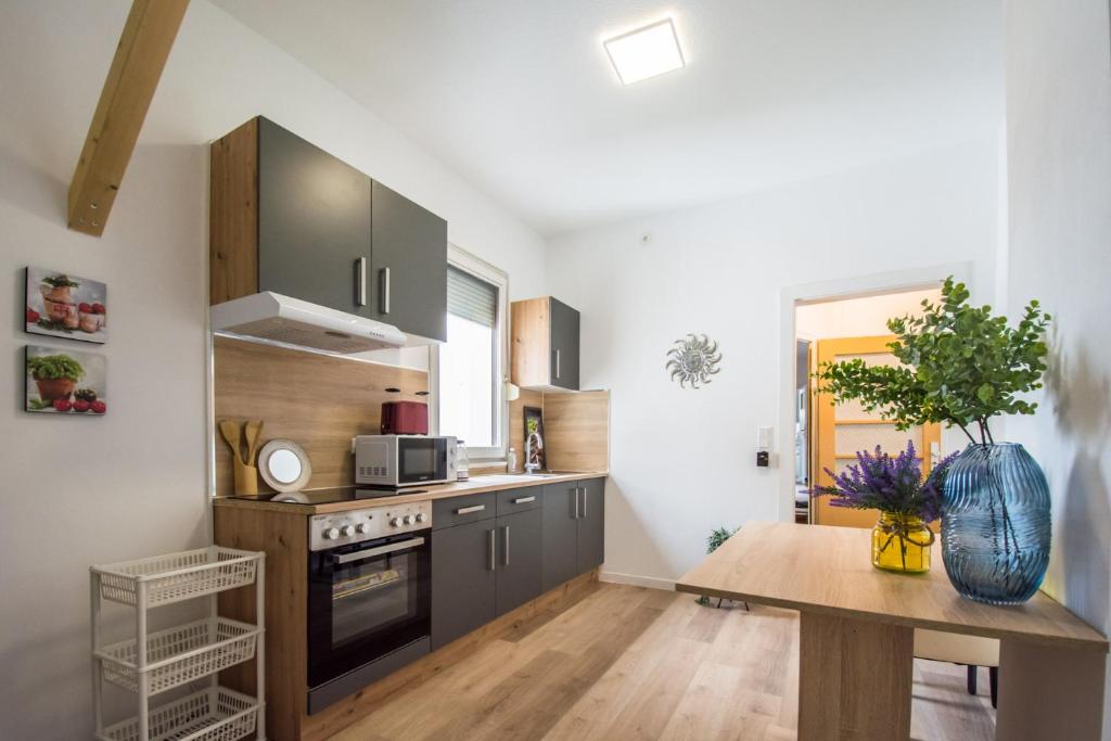 cocina con mesa de madera y encimera en Möblierte Wohnung in ruhiger Lage, en Bieber