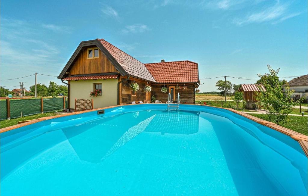 a house with a blue swimming pool in front of a house at Cozy Home In Lonjica With Kitchen in Gračec