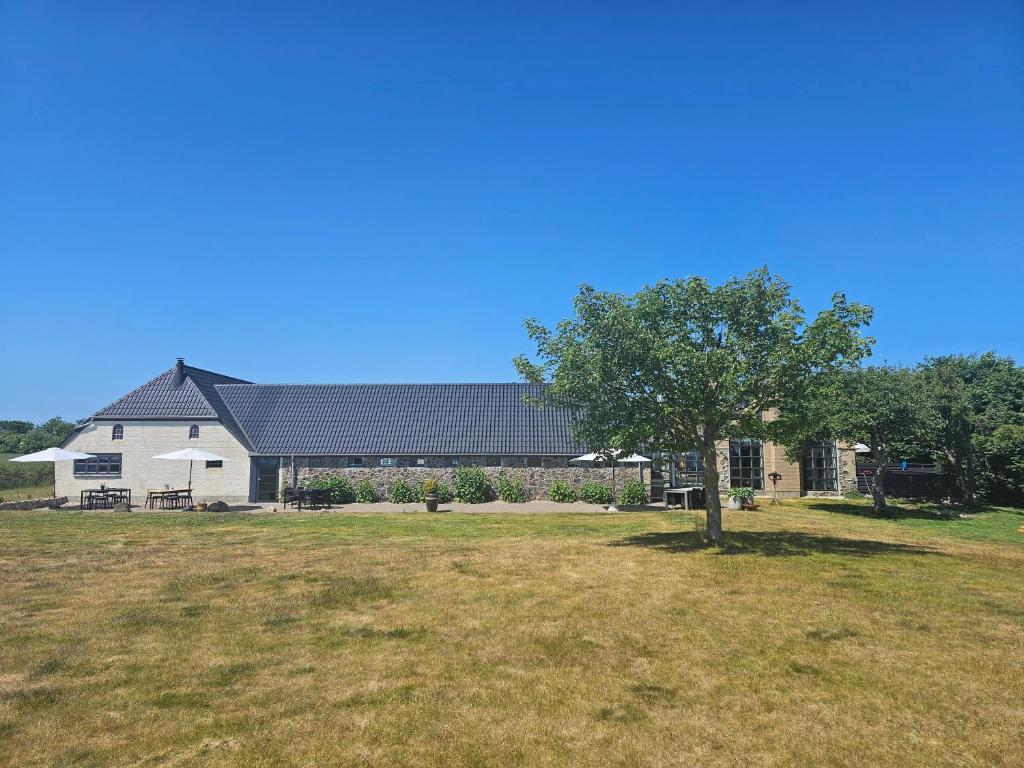 uma casa com uma árvore em frente a um campo em B&B Hygge Jegindø em Thyholm