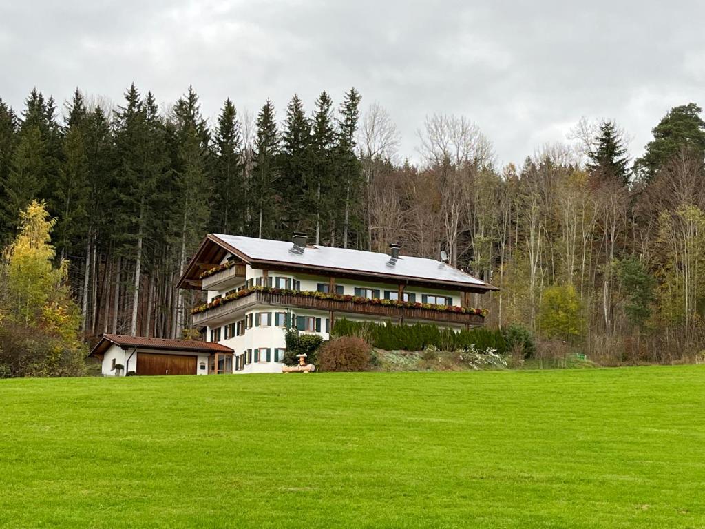 a large house in the middle of a green field at Ferienhaus am Wald in Friesenried