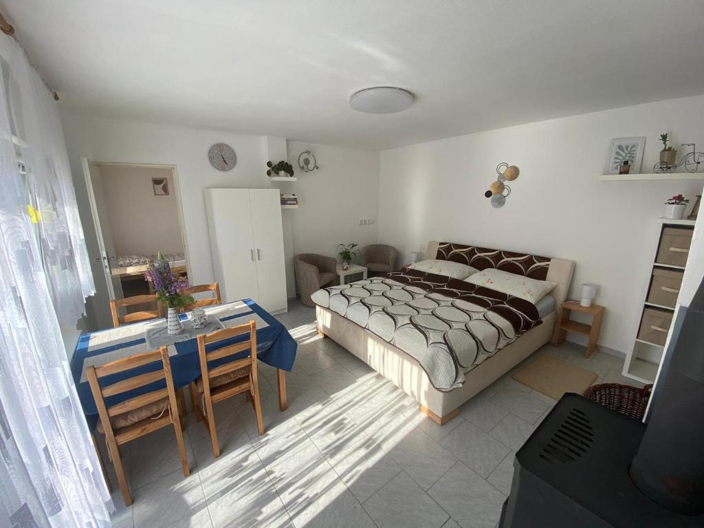 ein Schlafzimmer mit einem Bett und einem Tisch darin in der Unterkunft Apartmán BENÍŠKOVEC, Suchdol nad Lužnicí in Suchdol nad Lužnicí