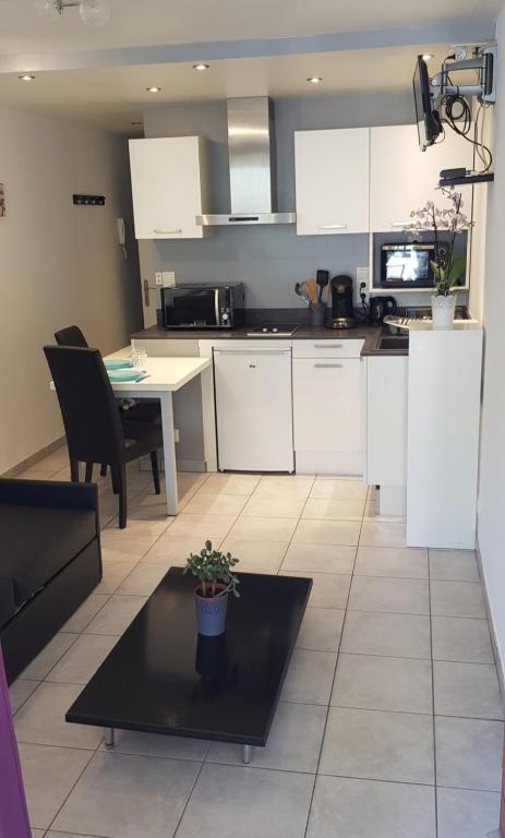 une cuisine avec des armoires blanches et une table avec une plante en pot dans l'établissement Charmant studio 2* rdc+ terrasse & parking privé, à Aix-les-Bains