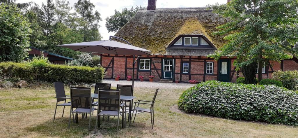 a table and chairs with an umbrella in front of a house at Vogtkate in Damlos