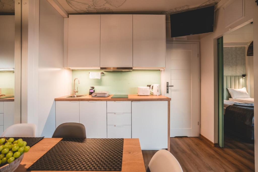 Kuchyň nebo kuchyňský kout v ubytování RResort - Domki z KRYTYM i PODGRZEWANYM BASENEM, Sauna, WiFi, parking w cenie!