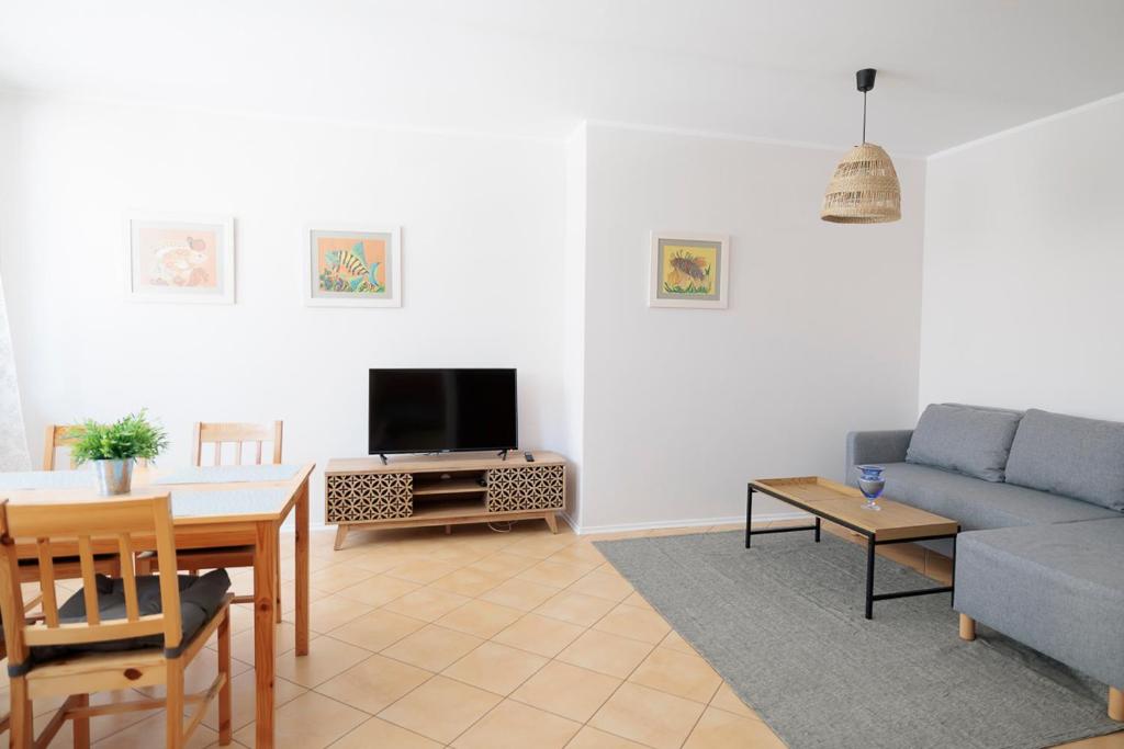 a living room with a couch and a tv at APARTAMENTY BIAŁA MEWA in Ustka