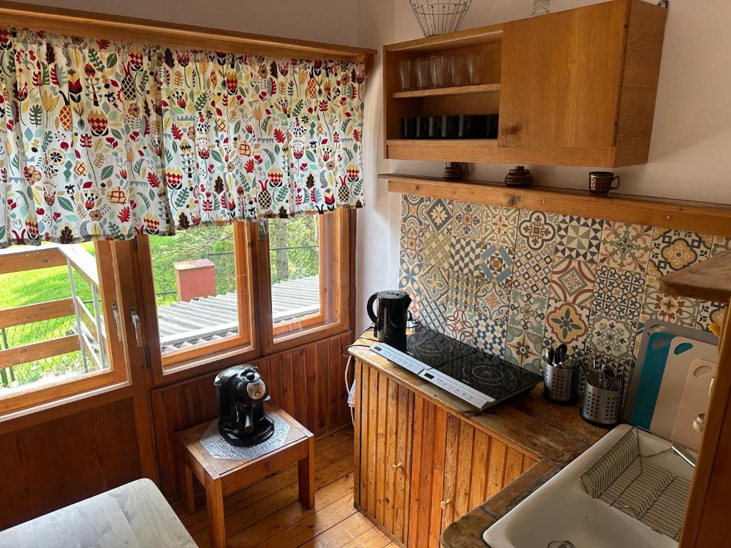 een keuken met twee ramen en een wastafel bij Józka Chata max 15 os sauna in Porąbka
