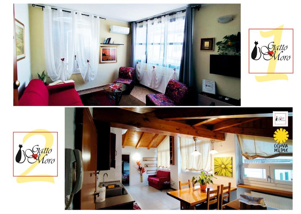 twee foto's van een woonkamer en een eetkamer bij GattoMoro in Calderara di Reno