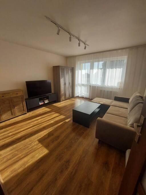 a living room with a couch and a television at Apartament Wrzosowe Pola in Wrzosowo