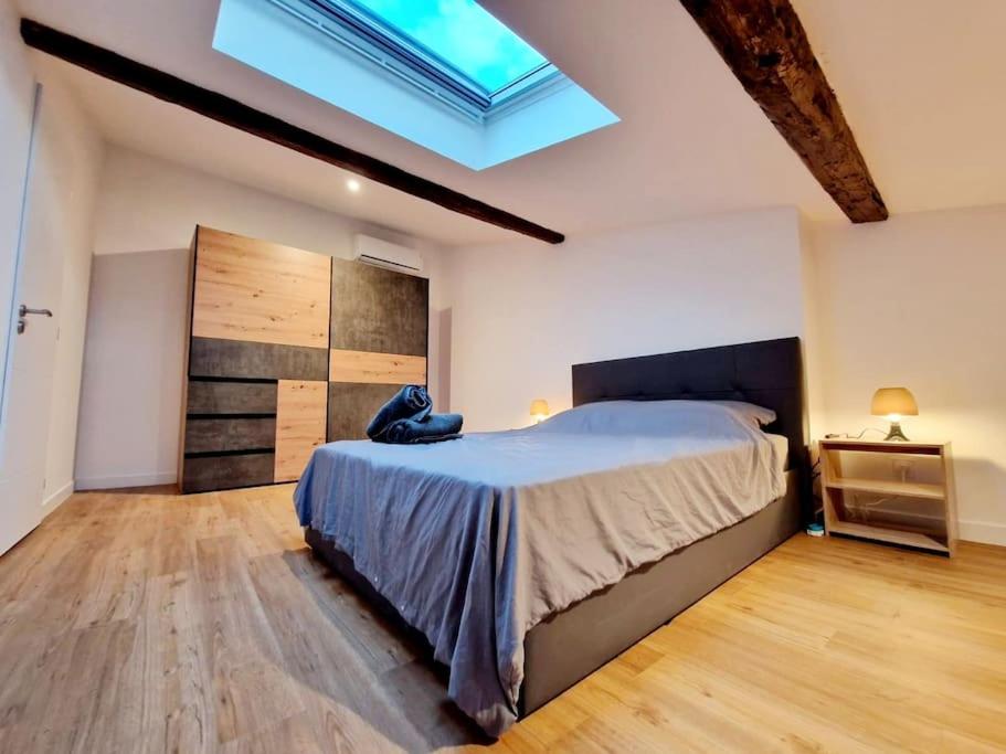 a bedroom with a large bed and a skylight at Appart douillet hypercentre neuf climatisé in Valence