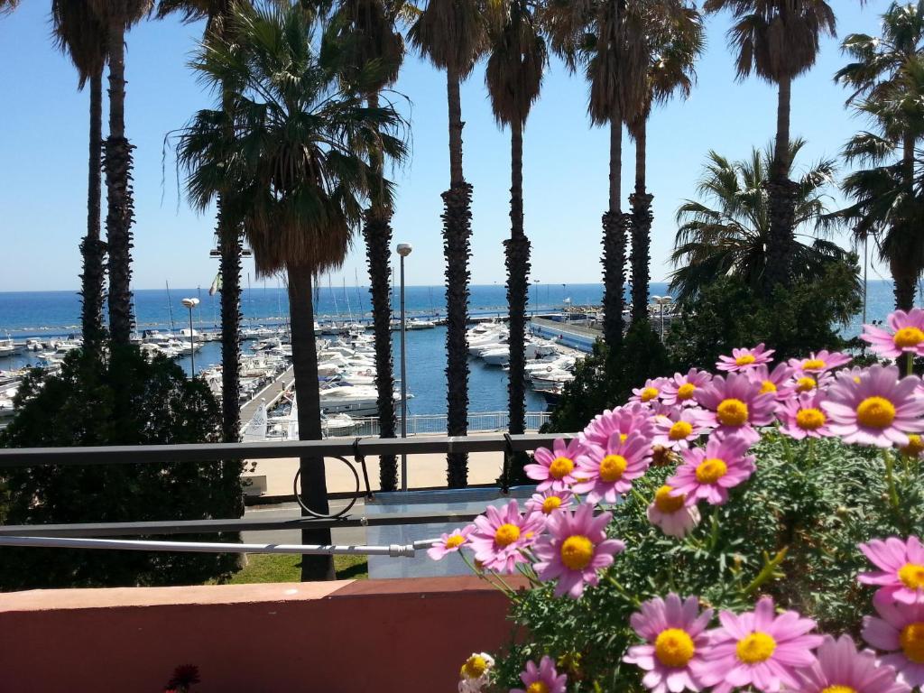 a view of palm trees and the ocean with pink flowers at Vela Bianca H & R in Diano Marina