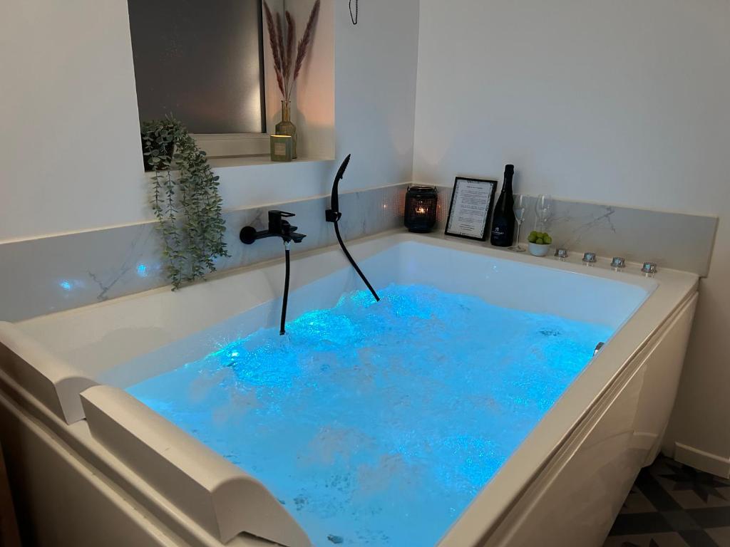 een bad gevuld met blauw water en een kraan bij appartement balnéo-centre ville et parking in Moulins