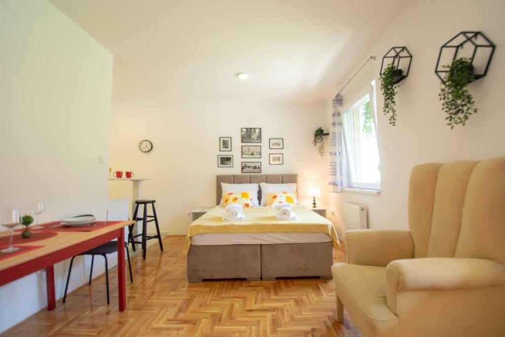 a bedroom with a bed and a desk and a chair at Studio Sunlight+ private parking in Novi Sad