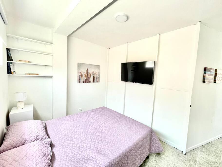 1 Schlafzimmer mit einem lila Bett und einem TV in der Unterkunft Spacious and comfortable apartment next to metro in Bello