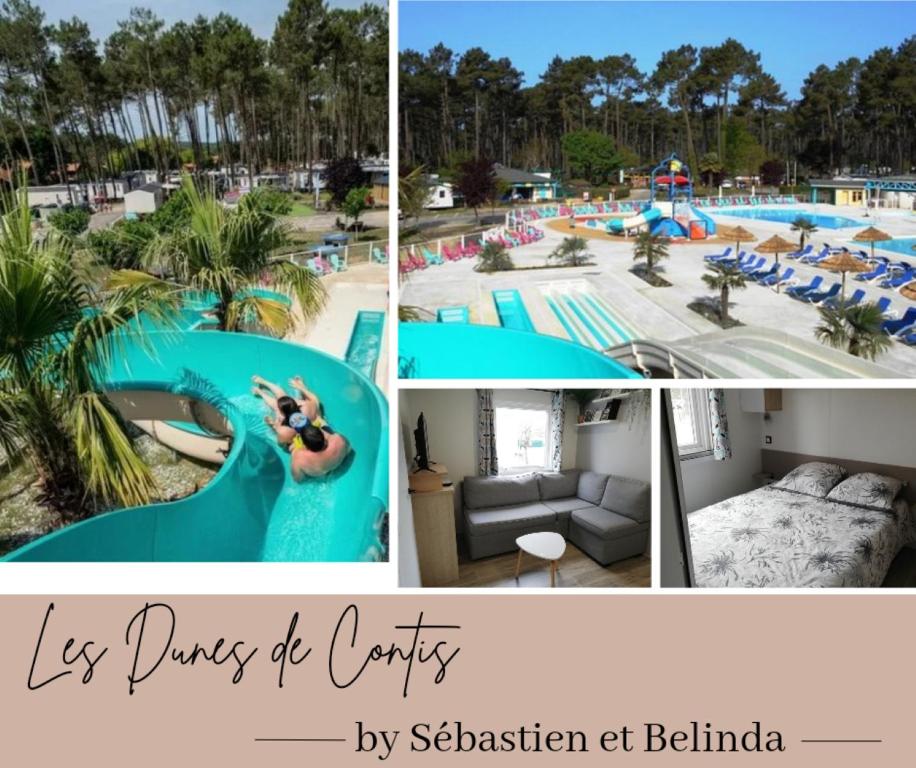 a collage of four pictures of a water park at CHEZ SEB & BELINDA, Séjour TOUT CONFORT dans environnement CALME et VERDOYANT in Saint-Julien-en-Born