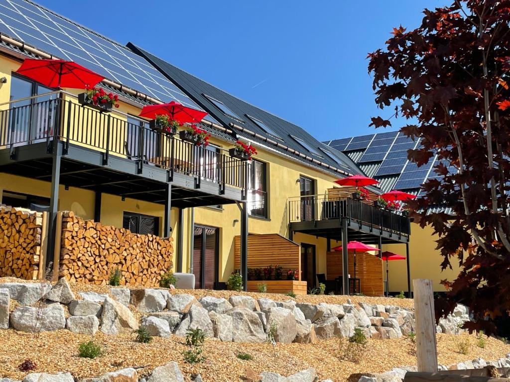 een huis met zonnepanelen aan de zijkant bij Chalet-Ferienwohnung Kornspeicher, 70 qm, Wellness/Fitness/Sauna – Bergrödelhof in Feilitzsch