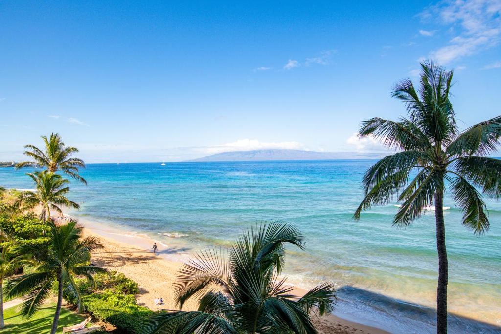 uma vista para uma praia com palmeiras e para o oceano em Mahana 517 em Kahana