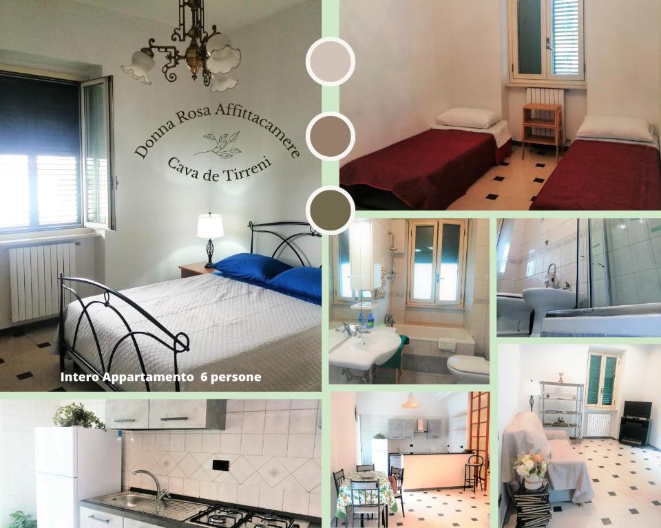 un collage de cuatro fotos de un dormitorio en Affittacamere Donna Rosa Cava dei Tirreni, en San Pietro