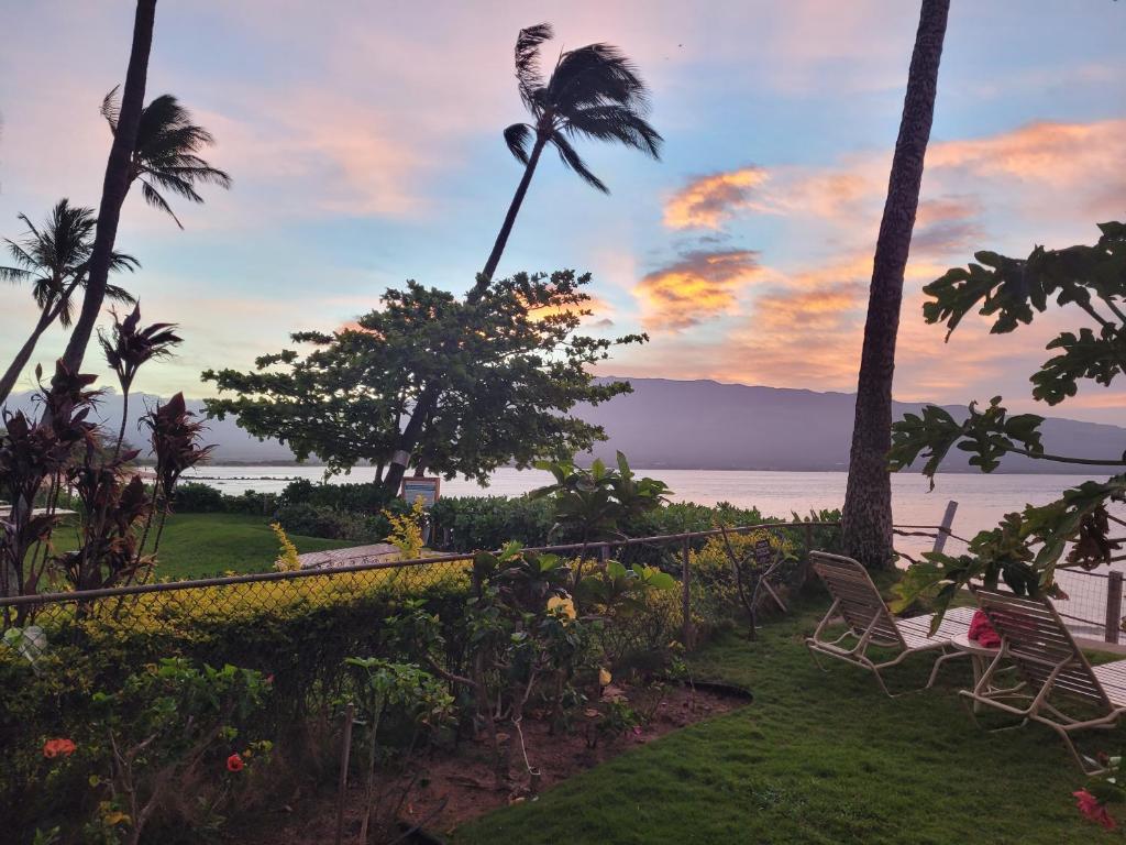 a view of the ocean from a resort with palm trees at Hono Kai A4 in Wailuku