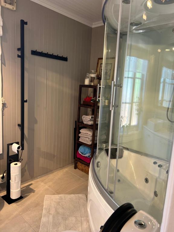 a bathroom with a shower and a sink and a tub at Sandstad, Lilleby i Trondheim in Trondheim