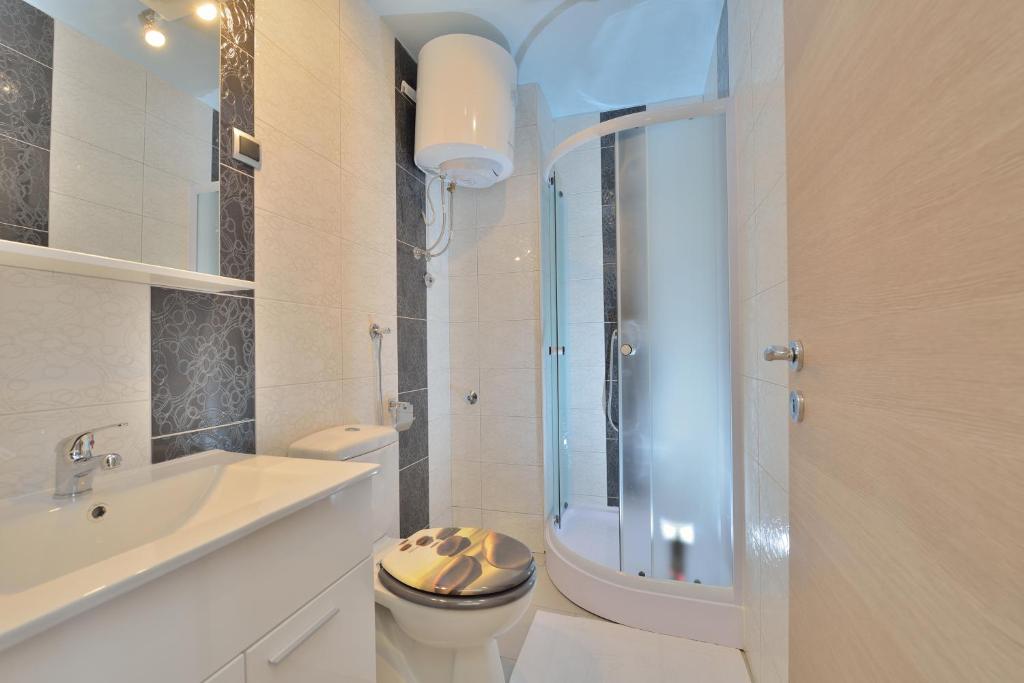 łazienka z toaletą, umywalką i prysznicem w obiekcie Apartments Carpe Diem w mieście Novigrad