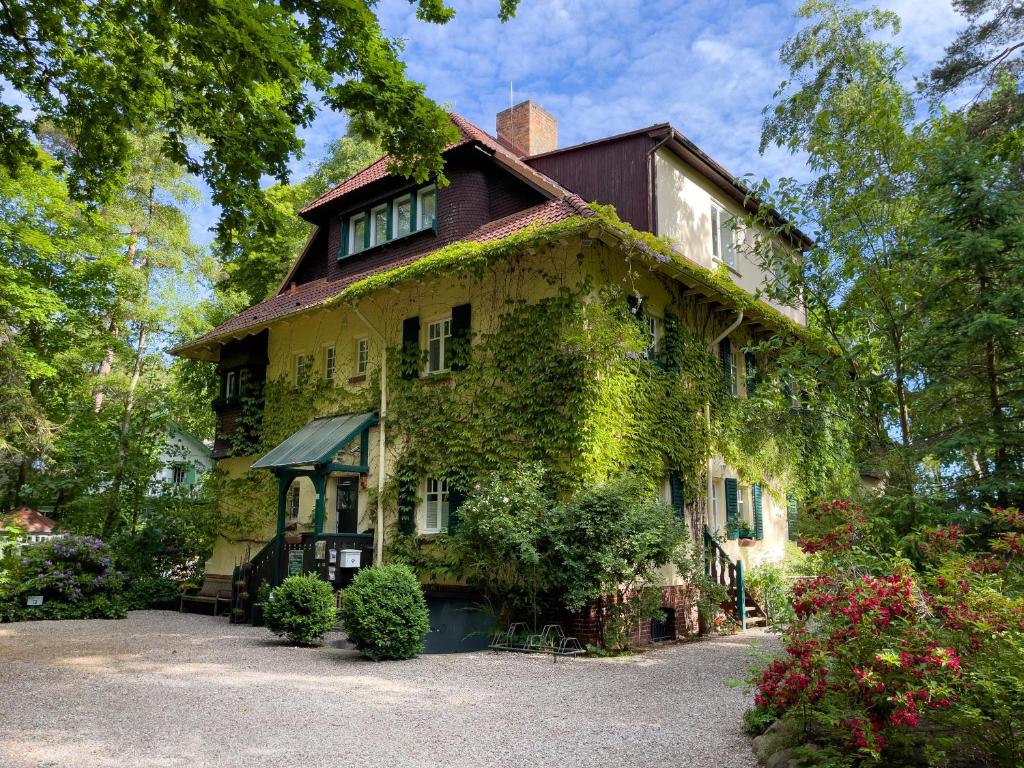 une vieille maison recouverte de lierre dans l'établissement Haus Hubertus - die Strandvilla, à Boltenhagen