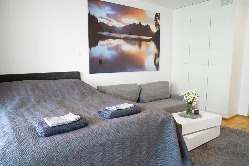 um quarto com uma cama e um sofá em Railway station & Central studio em Oulu