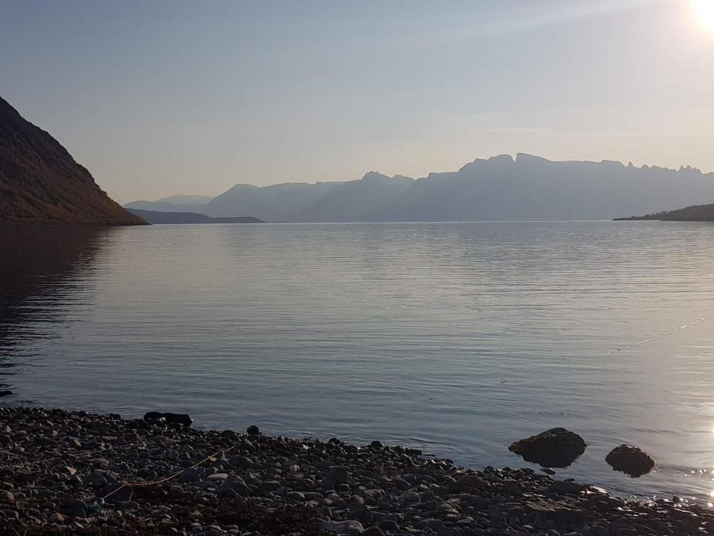 una gran masa de agua con montañas en el fondo en Holiday home Reinfjord, en Spildra