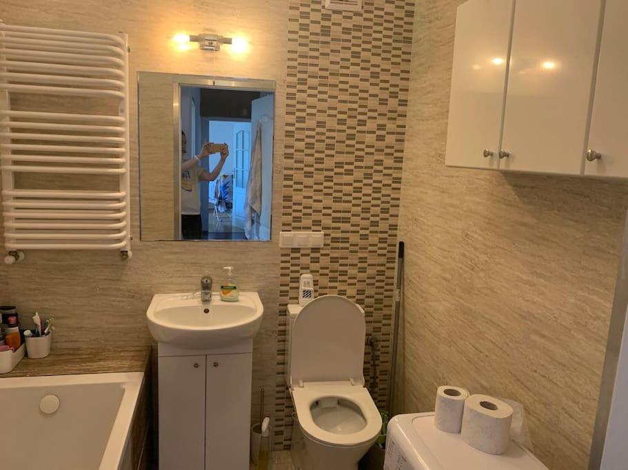 W łazience znajduje się toaleta, umywalka i lustro. w obiekcie Sopot Green 65 w mieście Sopot