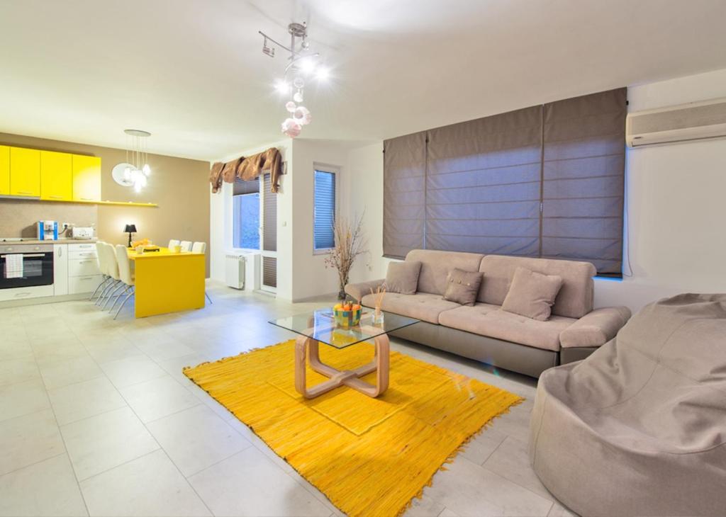 a living room with a couch and a table at Vitosha Apartments in Sofia