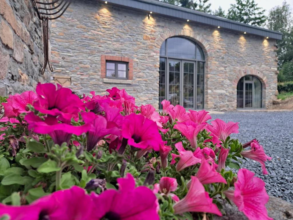 un ramo de flores rosas delante de un edificio de piedra en Gîte Les 3 pierres, en Houffalize