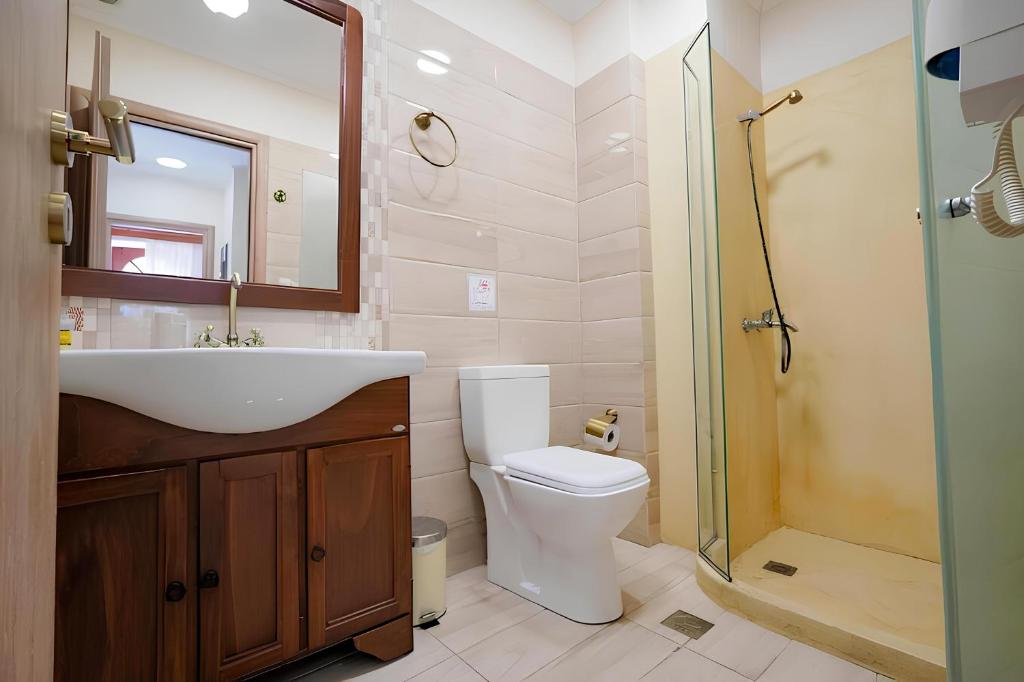 a bathroom with a sink and a toilet and a shower at Apeiron Acropolis Suites in Athens