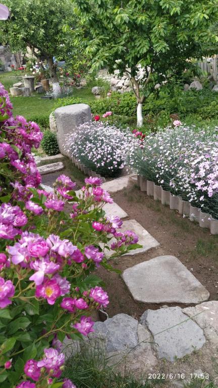 un jardín con flores rosas y blancas y un banco en Hin Tun, en Artabuynkʼ