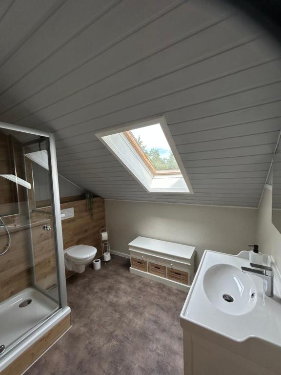 バート・ランゲンザルツァにあるUnstrut Hütteの屋根裏のバスルーム(シンク、天窓付)